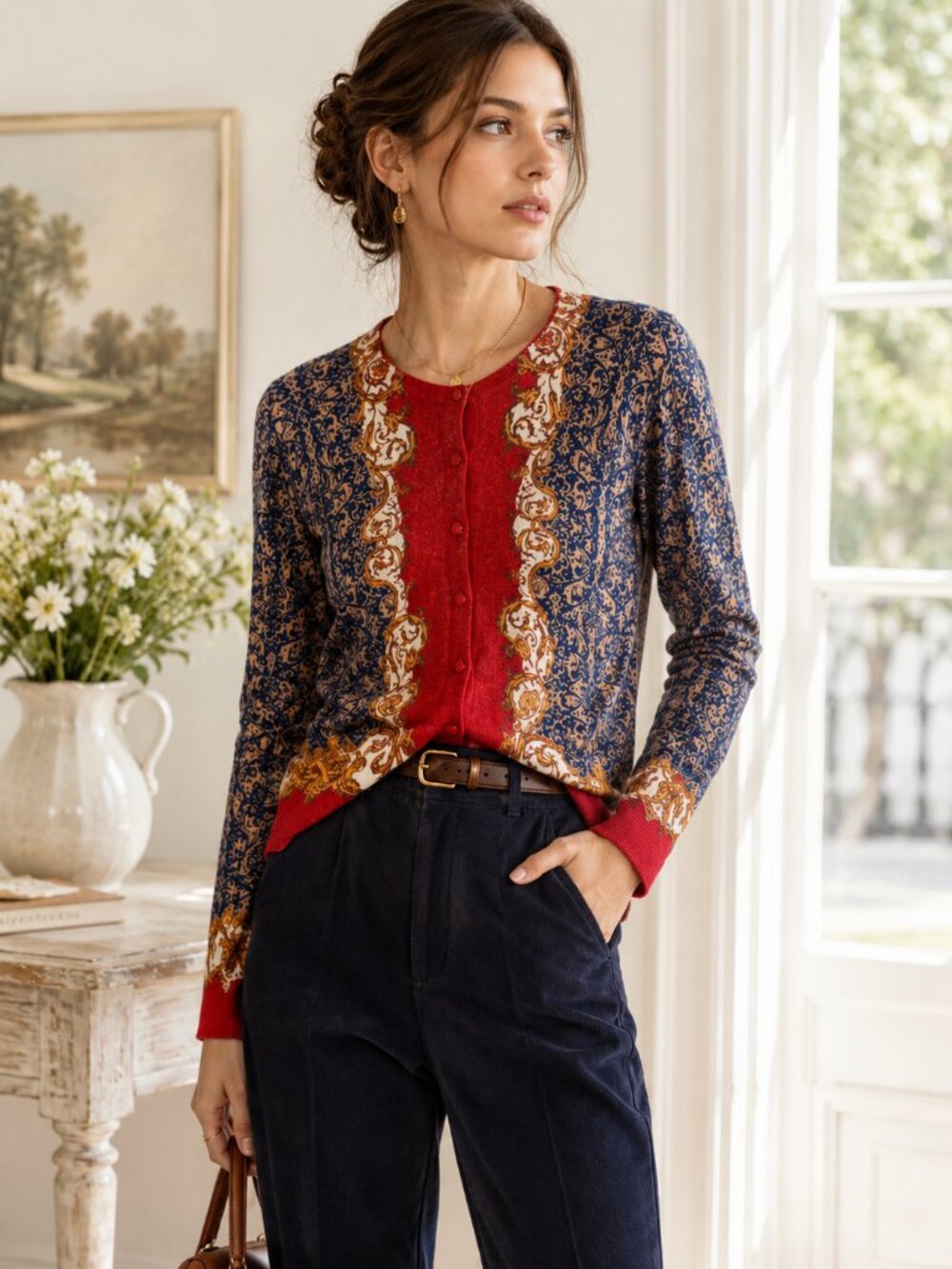 Red Cardigan Lord & Taylor Merino Wool Baroque Tapestry Sweater Size M Vintage - Picture 13 of 13